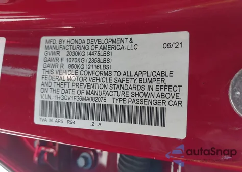 2021 Honda Accord Sport from USA, damaged, VIN 1HGCV1F36MA082078